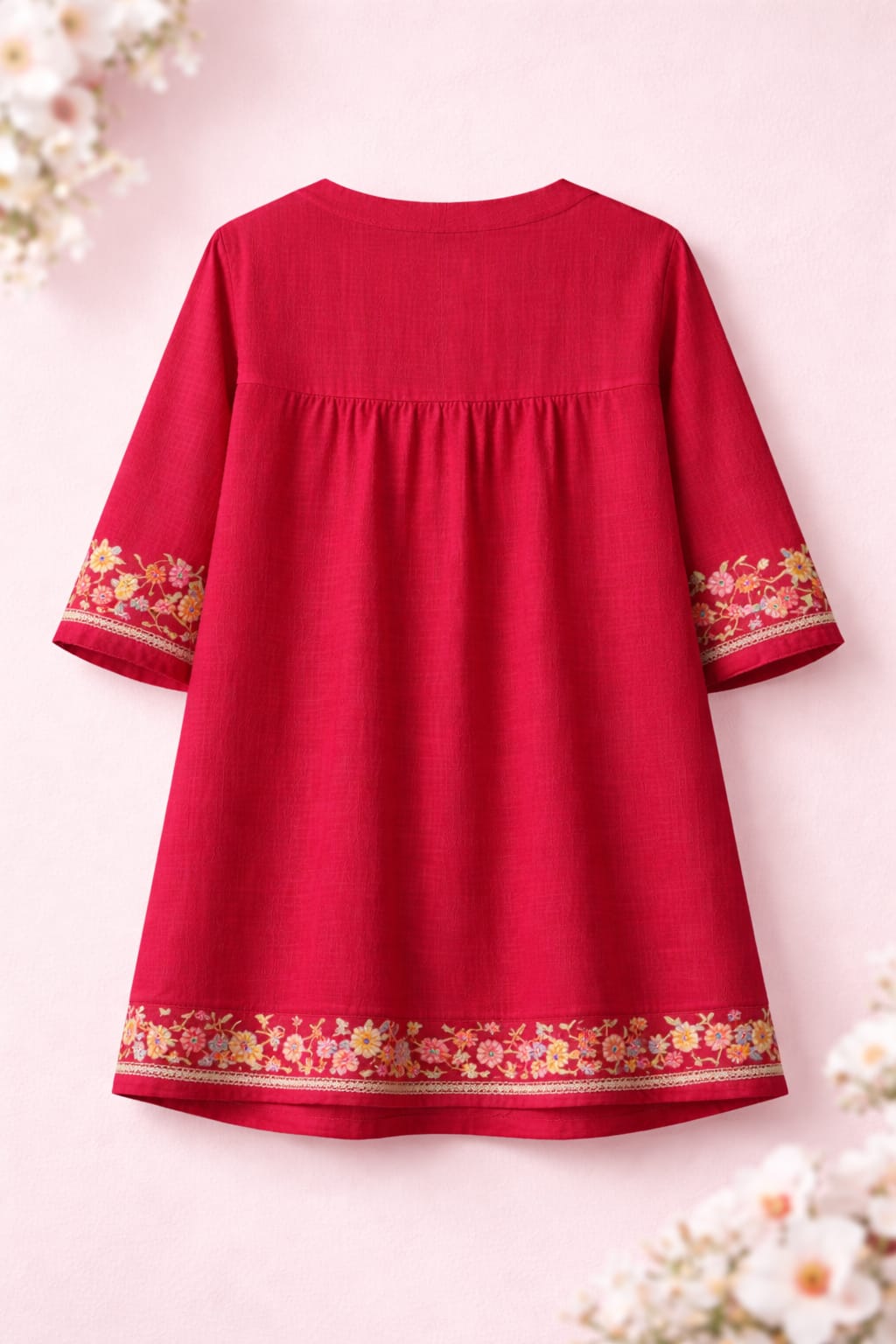 Floral Embroidered Red Girls Kurti